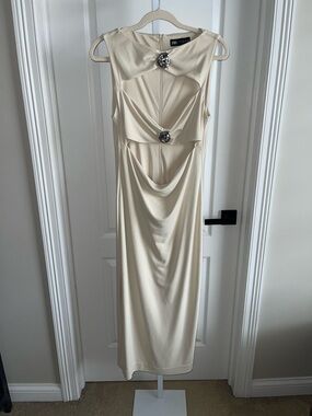 Zara Cream Drape Midi Dress with Decorative Brooches Size XL